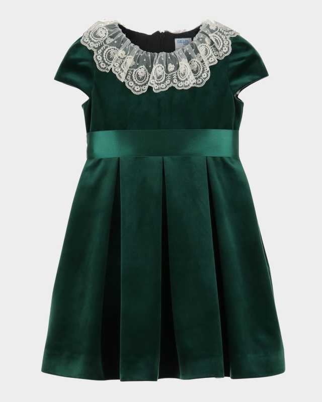 Girl's Pleated Velvet Lace-Collar Dress, Size 4T-6